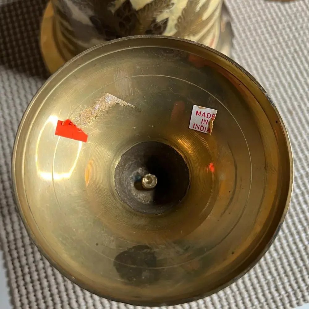 Vintage Brass Candle Holder & Bowl Set Christmas Enamel Made in India Holiday De